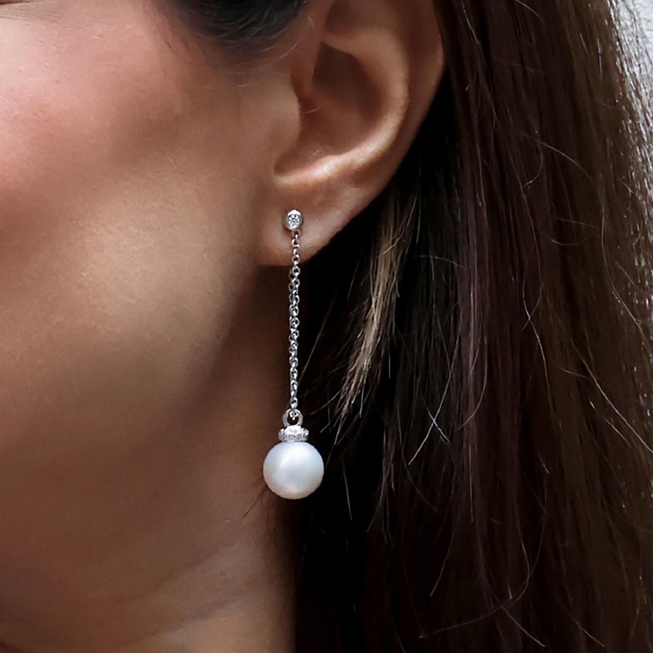 18ct white gold 2=11.5-12mm fresh water pearls and diamond drop earrings