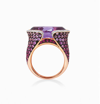 18ct Rose Gold Oval Amethyst, round brilliant cut ruby, pink sapphire and diamond ring side profile