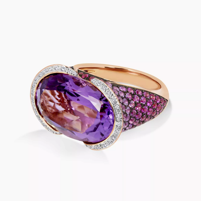 18ct Rose Gold Oval Amethyst, round brilliant cut ruby, pink sapphire and diamond ring side view