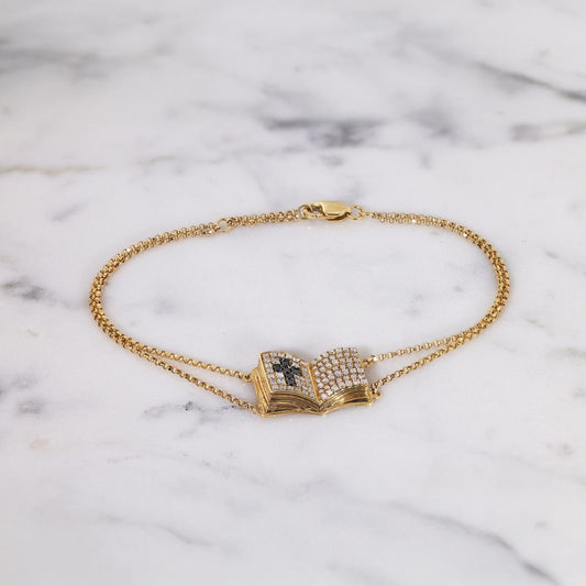 18CT Yellow Gold Black & White Diamond Set Bible On Bracelet