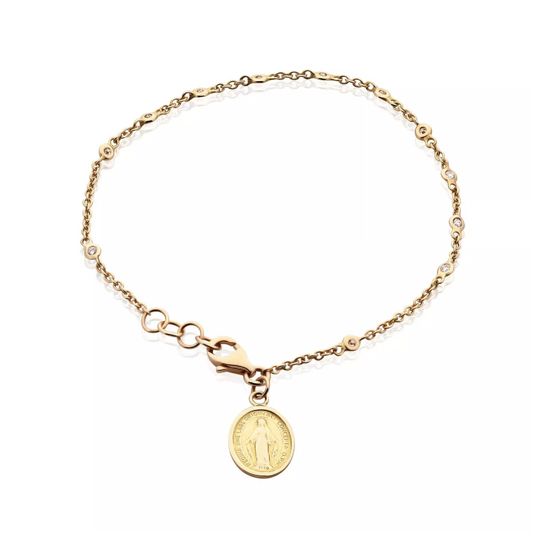 18ct rose gold diamond bracelet with religious medal