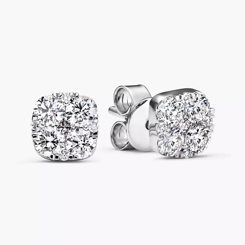 18ct white gold cushion shape cluster diamond stud earrings