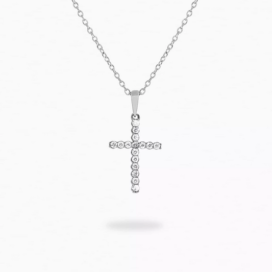 18ct white gold claw set D16=0.11ct diamond cross necklace