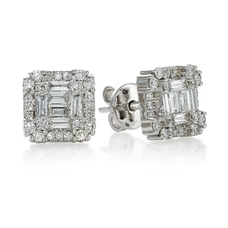 18ct white gold claw set baguette & round brilliant cut diamond stud earrings