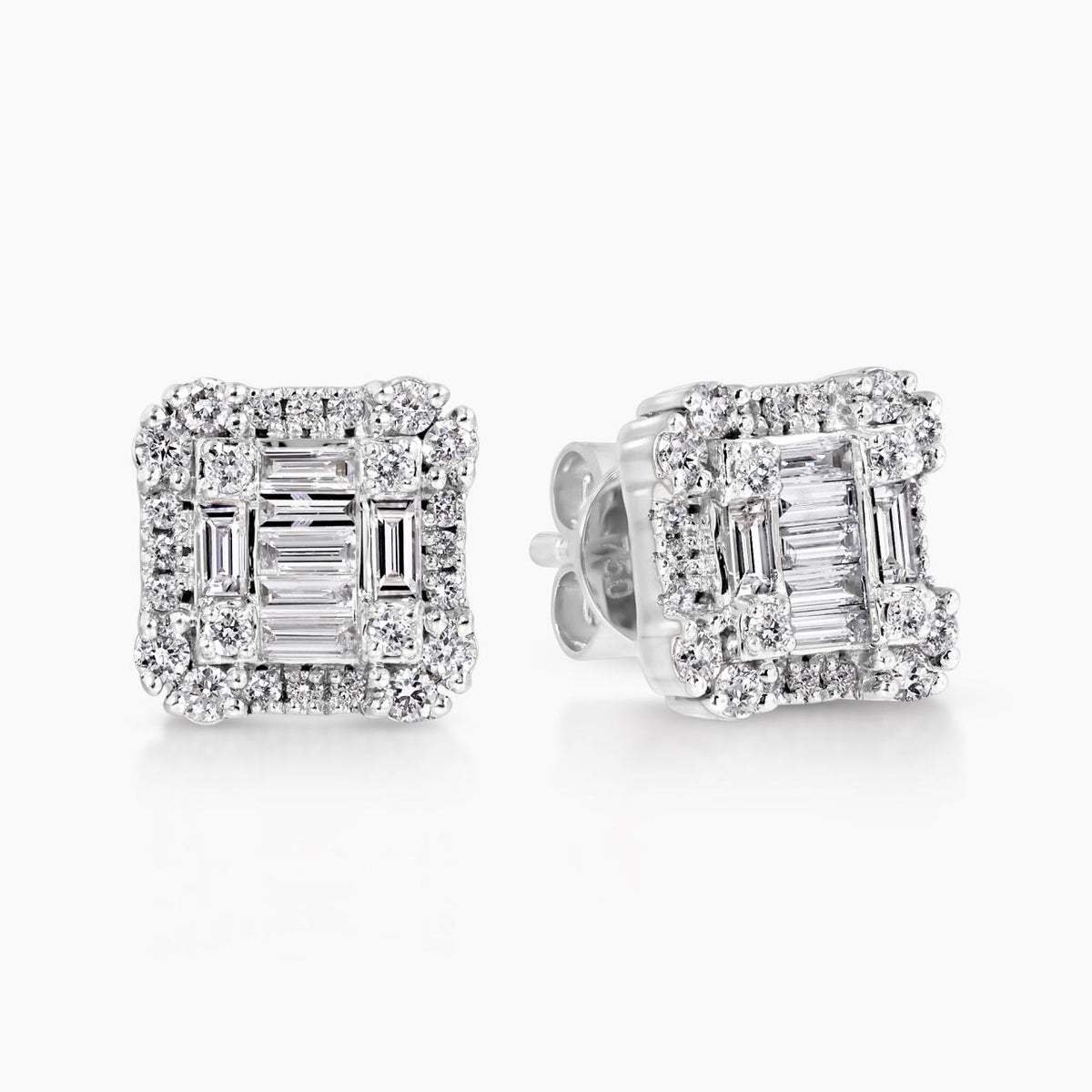 18ct white gold claw set baguette & round brilliant cut diamond stud earrings