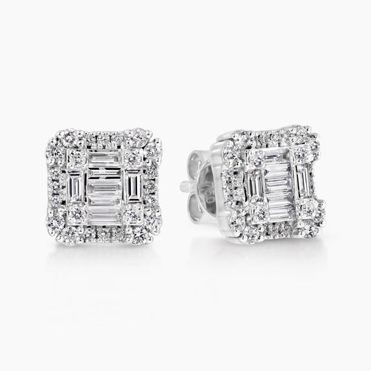 18ct white gold claw set baguette & round brilliant cut diamond stud earrings