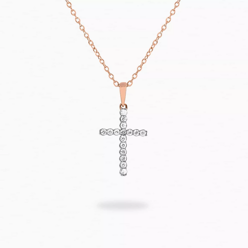 18ct rose gold claw set diamond cross necklace