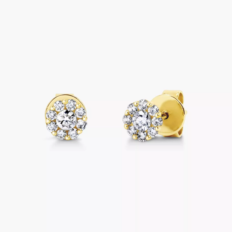 A pair of 18ct yellow gold stud earrings with a cluster of diamonds set in the center.