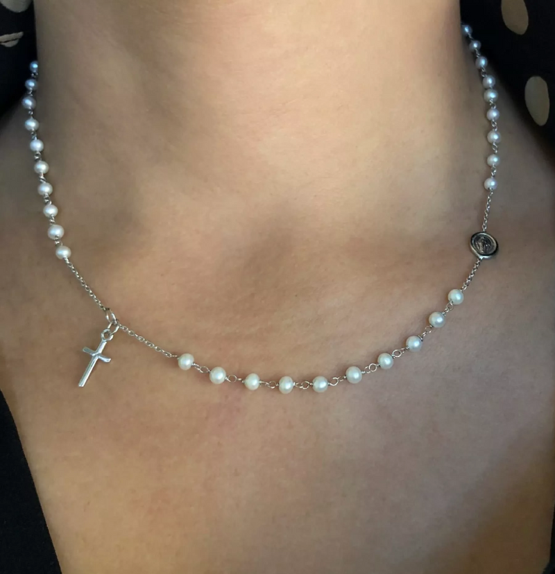18ct white gold pearl rosary necklace features cross and medal