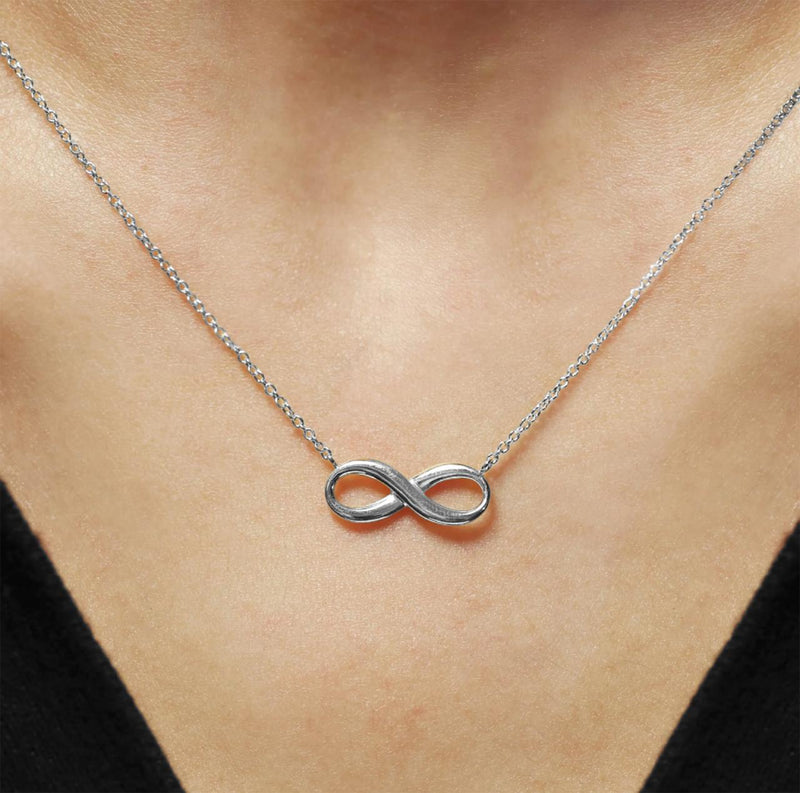 18ct white gold 45cm infinity necklace on the neck