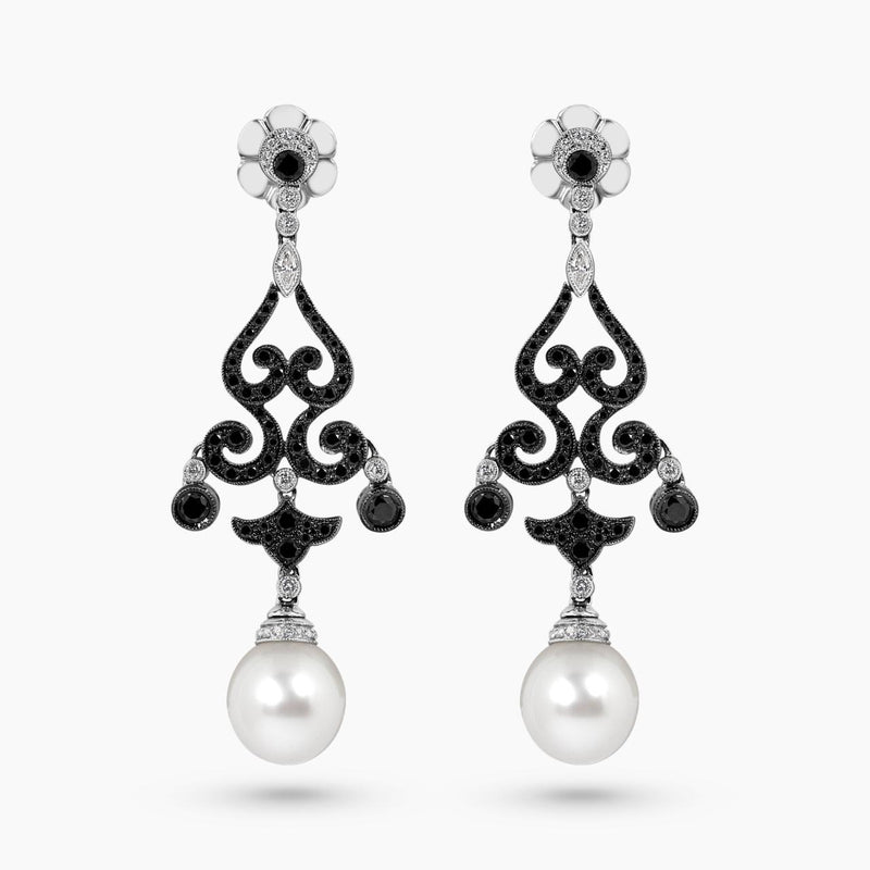 18ct white gold diamond fancy pearl drop earrings