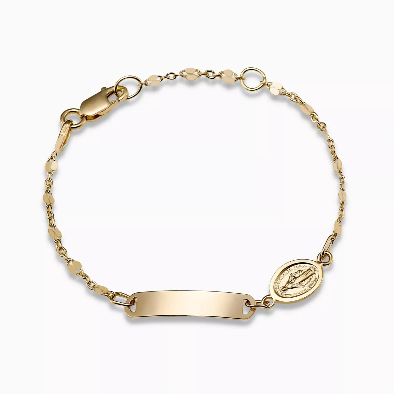 18ct yellow gold baby ID bracelet with religious medal