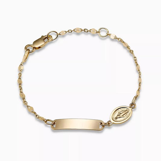 18ct yellow gold baby ID bracelet with religious medal