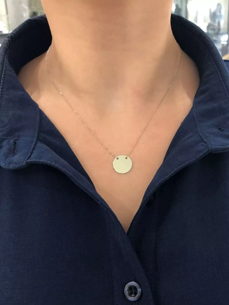 18ct rose gold round plate necklace on the neck
