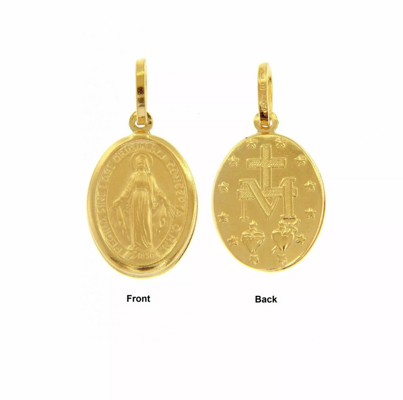 18ct yellow gold miraculous religious medal 2.5cm front and back view