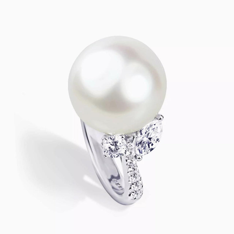 18ct white gold South Sea pearl, marquise and round brilliant cut diamond ring