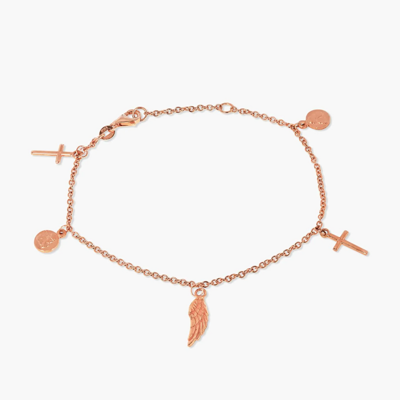 An 18ct rose gold bracelet featuring a chain link design with charms including a cross, a medallion, and a feather.