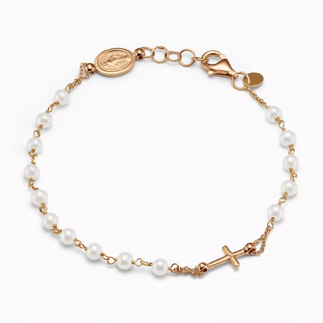 18ct rose gold and pearl rosary bracelet with cross and medallion