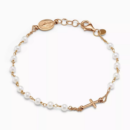 18ct rose gold and pearl rosary bracelet with cross and medallion