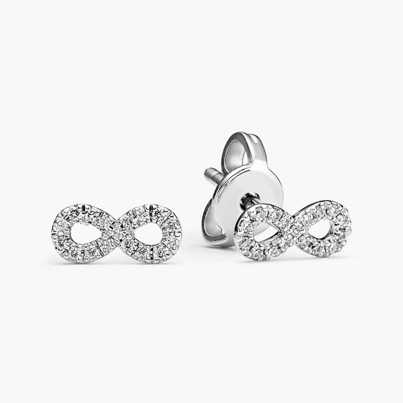 A pair of 18ct white gold small diamond infinity stud earrings with round brilliant cut diamonds 