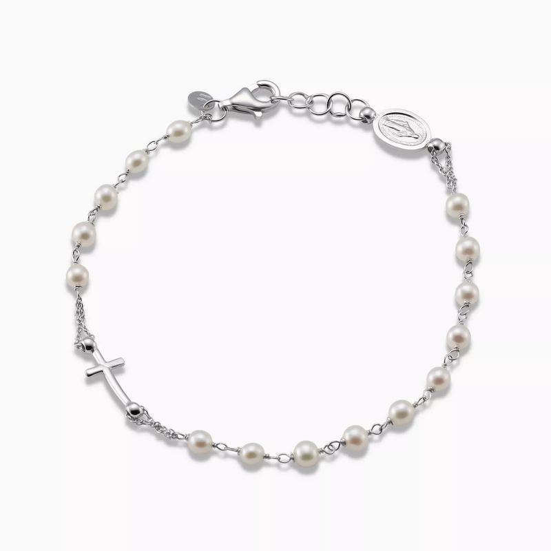 18ct white gold pearl rosary, cross and medal bracelet