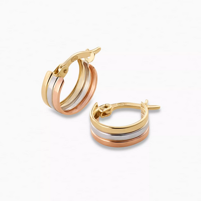 A pair of 18ct yellow, rose, and white gold hoop earrings with a diameter of 10mm.