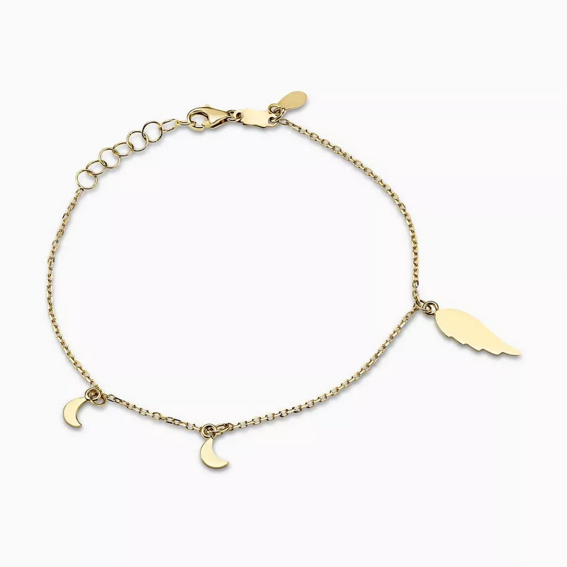 An 18ct yellow gold bracelet with crescent moon and feather charms, displayed against a white background.