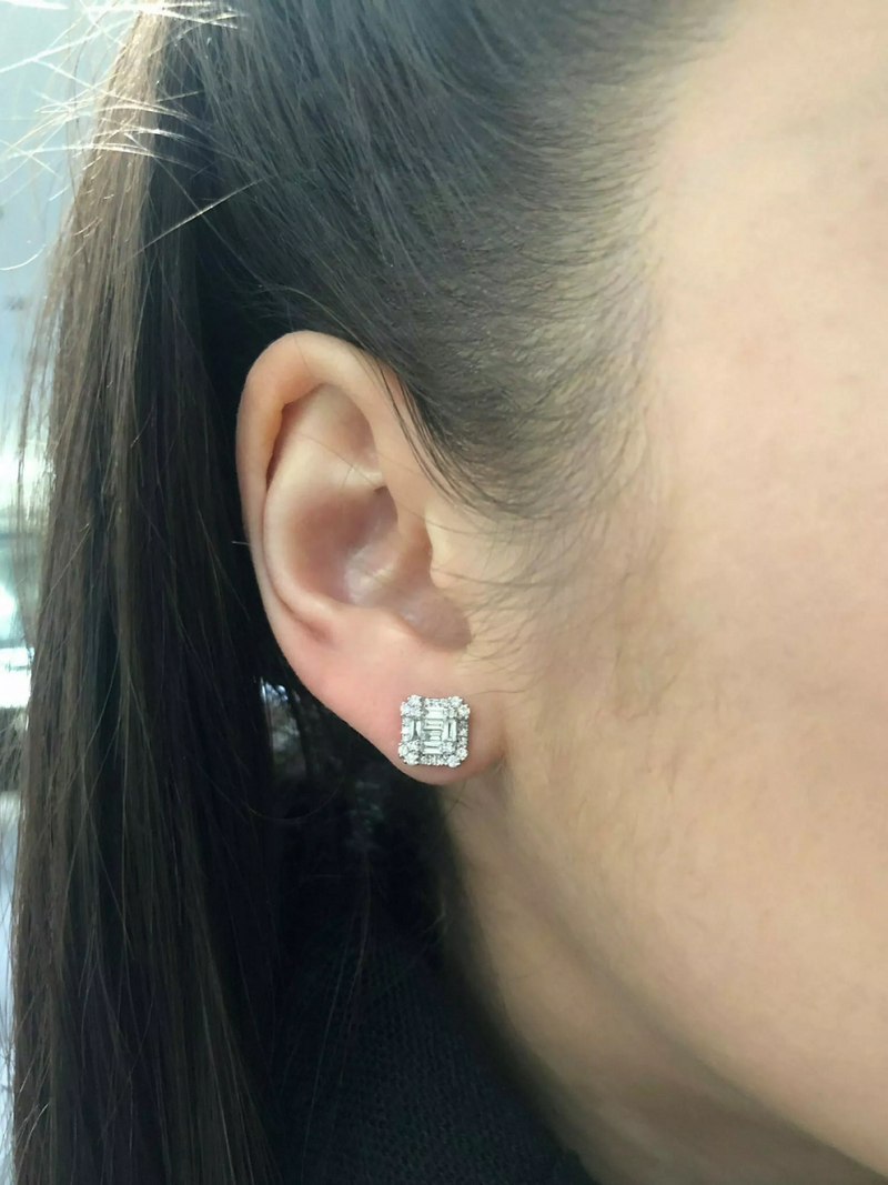 18ct rose gold claw set baguette & round brilliant cut diamond stud earrings on ear