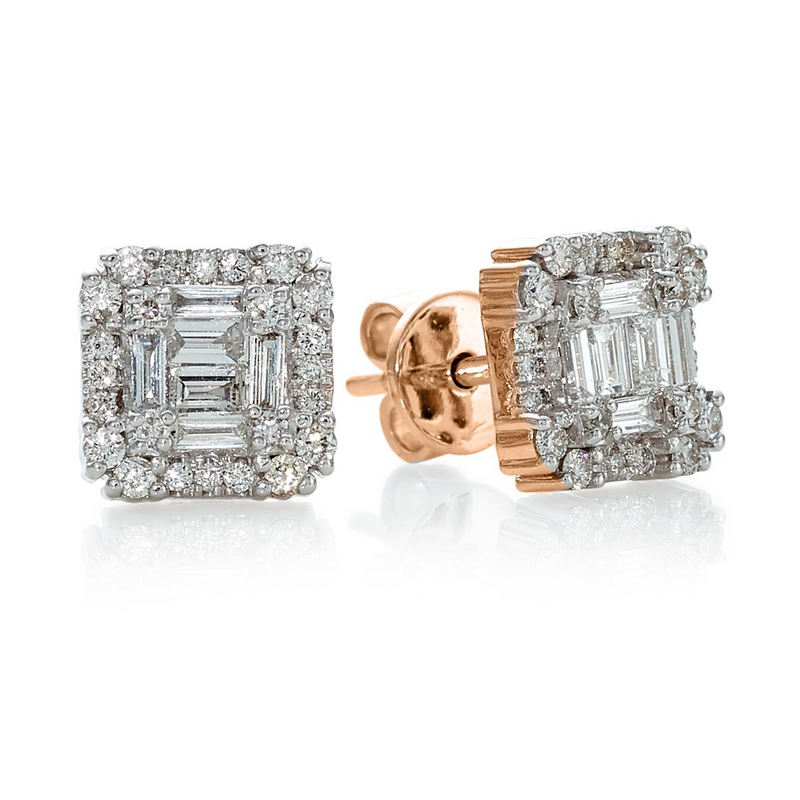 18ct rose gold claw set baguette & round brilliant cut diamond stud earrings