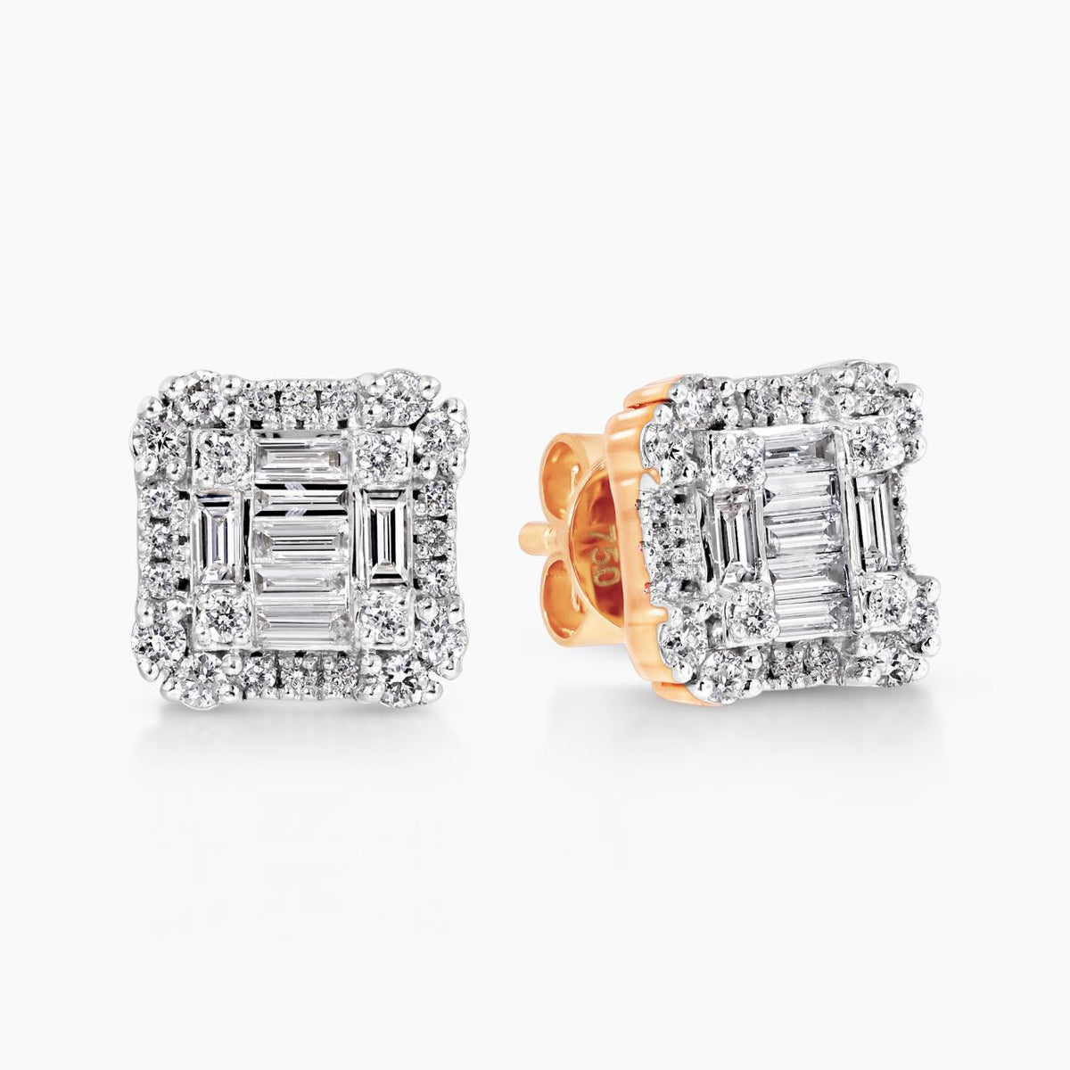 18ct rose gold claw set baguette & round brilliant cut diamond stud earrings