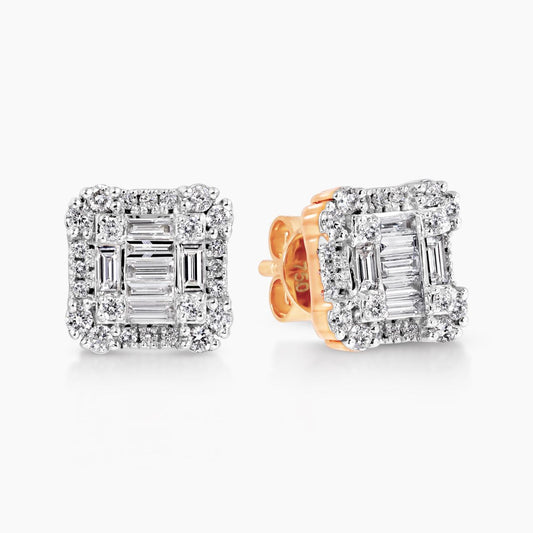 18ct rose gold claw set baguette & round brilliant cut diamond stud earrings