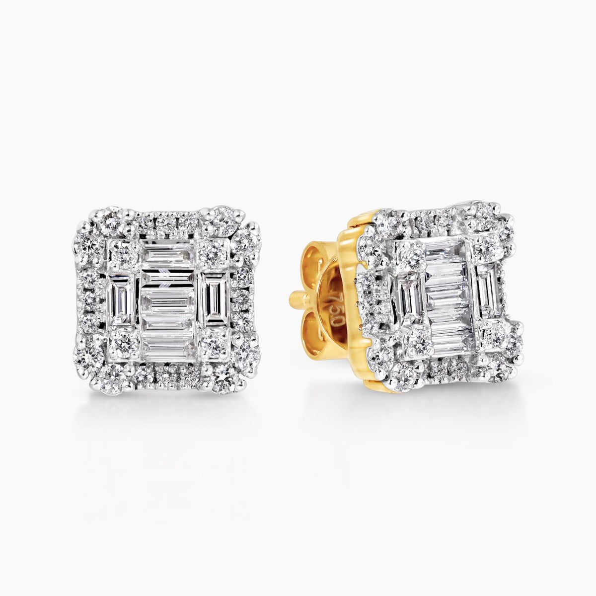 18ct yellow gold claw set baguette & round brilliant cut diamond stud earring