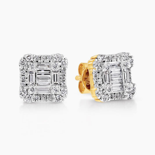 18ct yellow gold claw set baguette & round brilliant cut diamond stud earring