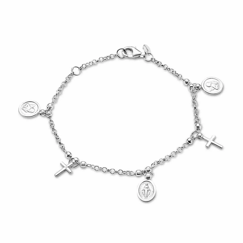 An 18ct white gold charm bracelet with a series of charms including a cross and medallions, displayed against a white background.