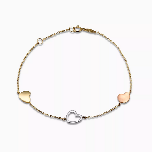 18ct yellow, white and rose gold hearts bracelet