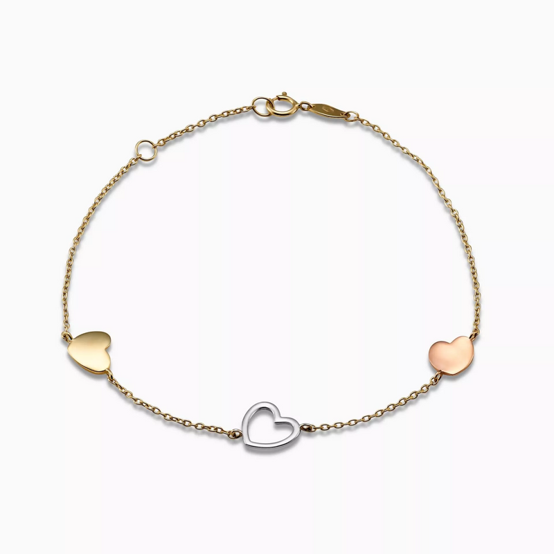 An 18ct yellow, white, and rose gold bracelet with a heart-shaped design, featuring multiple gold hearts attached to a gold chain.
