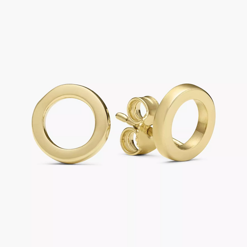 A pair of 18ct yellow gold open circle stud earrings on a white background.