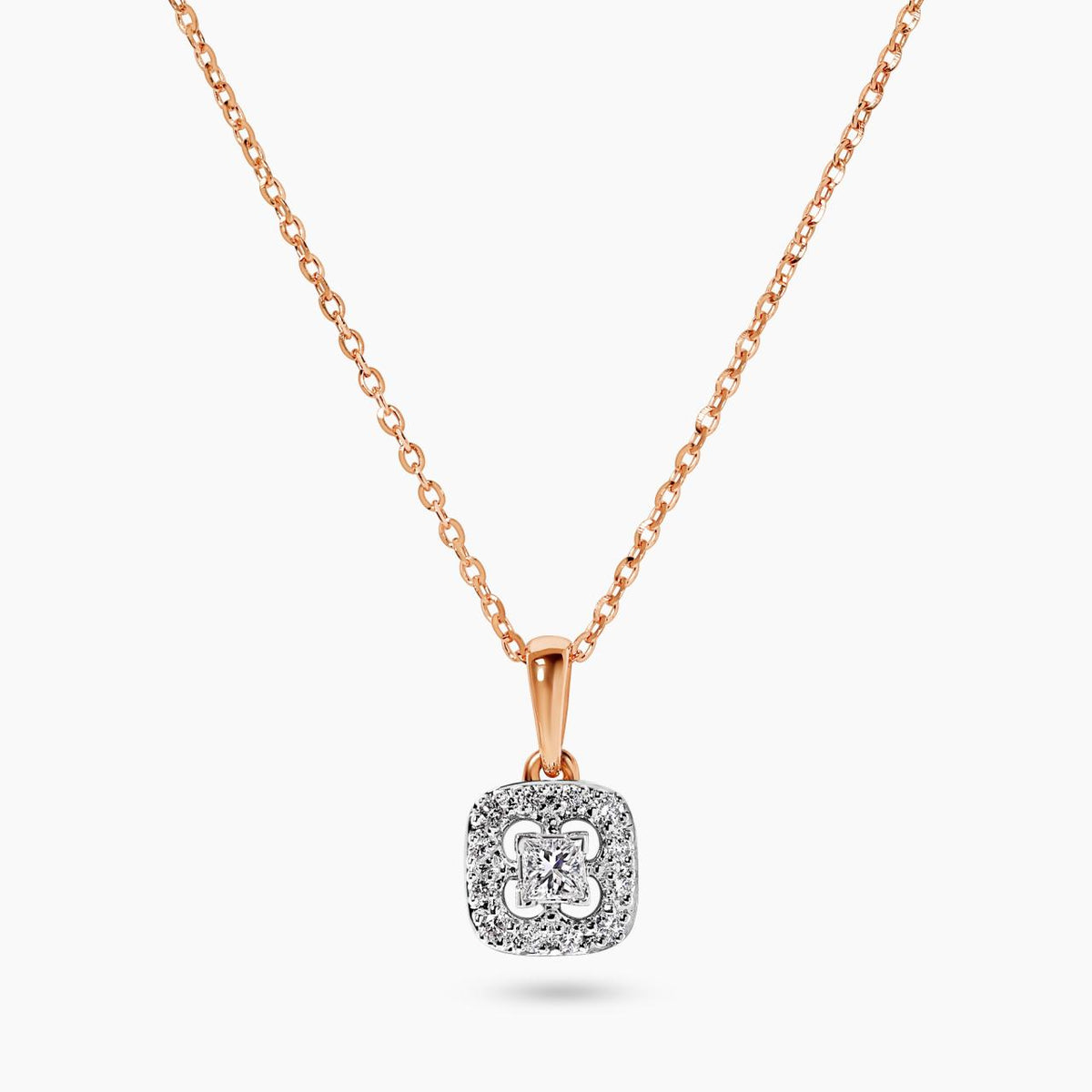 18ct rose gold cushion shape cluster diamond necklace