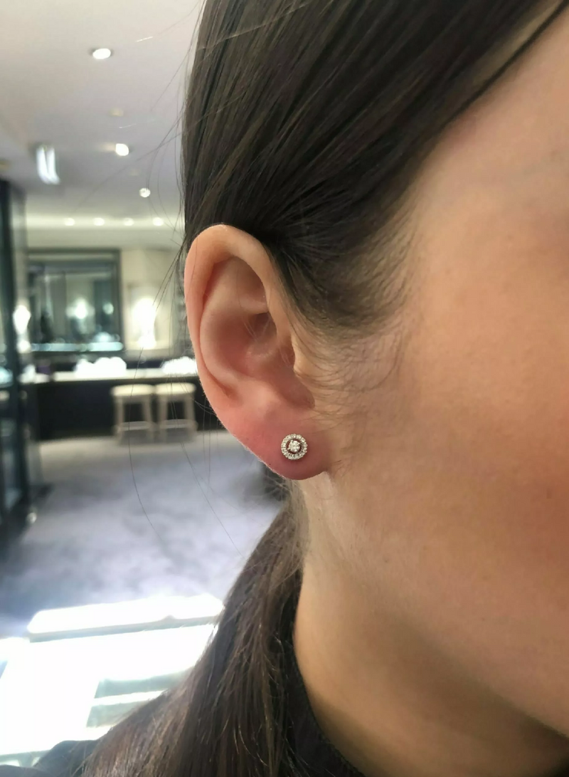 18ct Rose Gold round cluster Diamond Stud Earrings with halo on ear