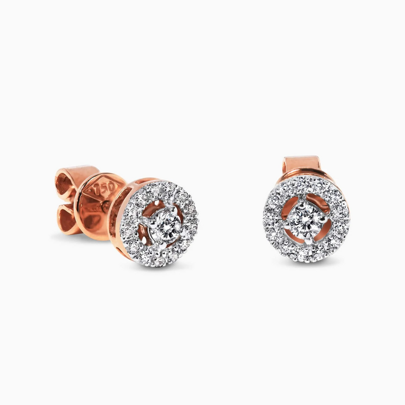 A pair of 18ct rose gold round cluster diamond stud earrings with halo