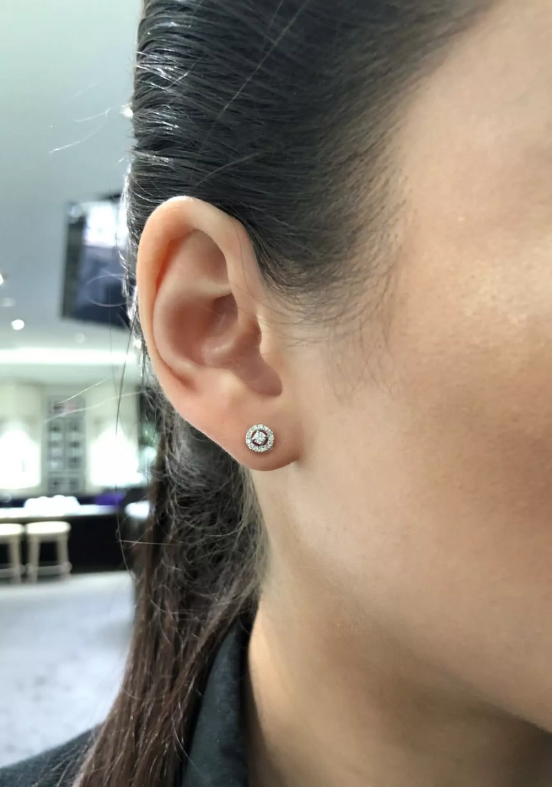 18ct White Gold round cluster Diamond Stud Earrings with halo on ear