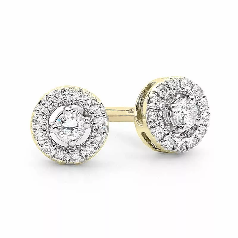 18ct Yellow Gold round cluster Diamond Stud Earrings with halo