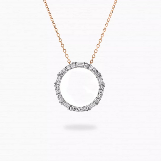 18ct rose gold baguette and round diamond circle necklace