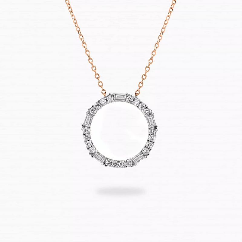 18ct rose gold baguette and round diamond circle necklace