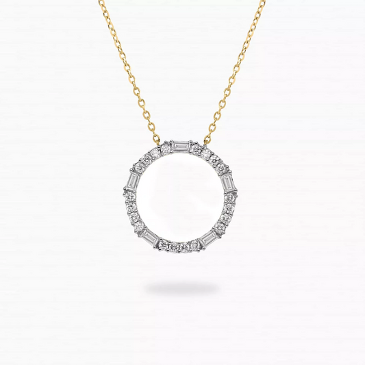 18ct yellow gold baguette and round diamond circle necklace