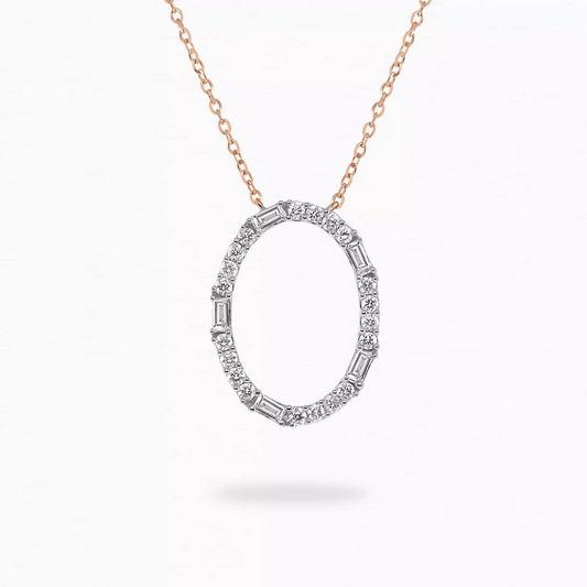 18ct rose gold oval shape baguette and round diamond necklace