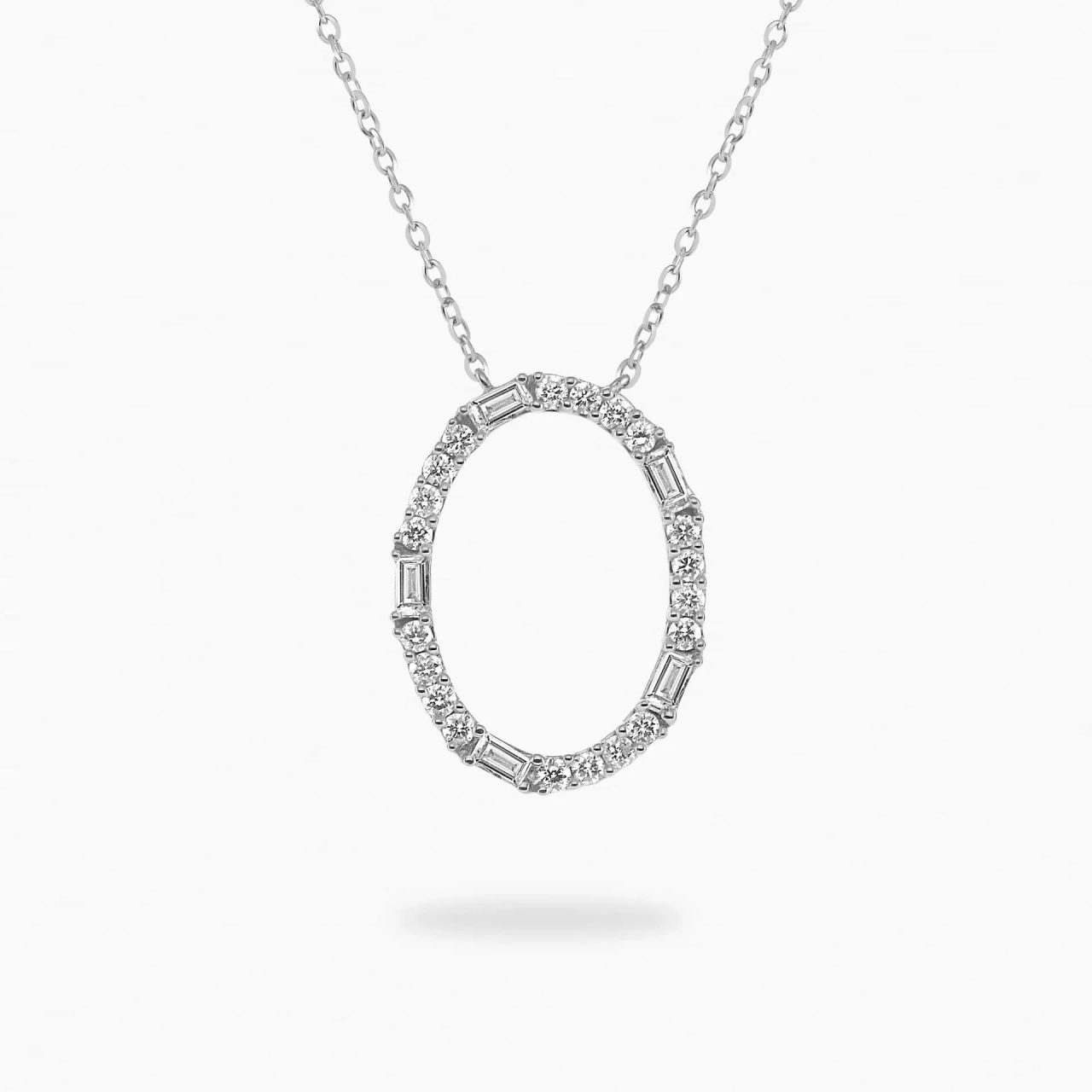 18ct white gold oval shape baguette and round diamond necklace