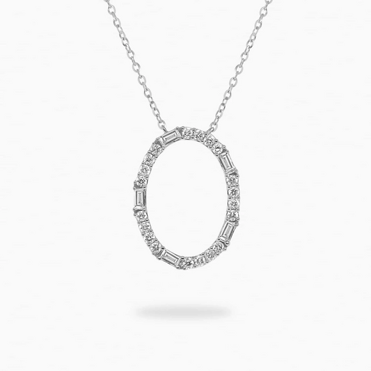 18ct white gold oval shape baguette and round diamond necklace