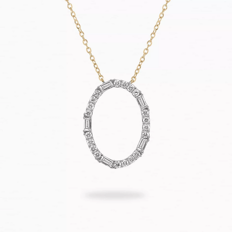 18ct yellow gold oval shape baguette and round diamond necklace