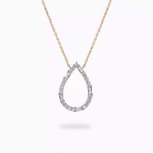 18ct rose gold pear shape baguette and round diamond necklace